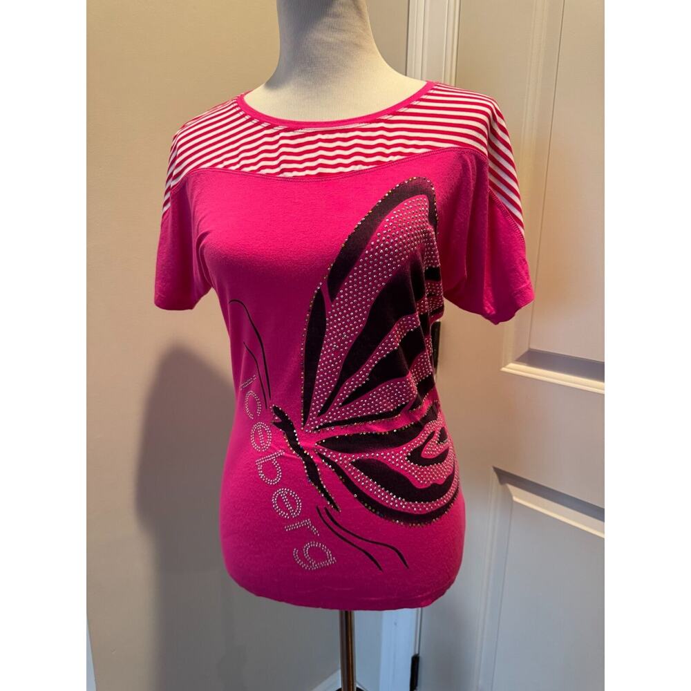 Ice by Iceberg Hot Pink Tshirt Butterfly Rhinestone Print SZ M Vintage Y2k EUC